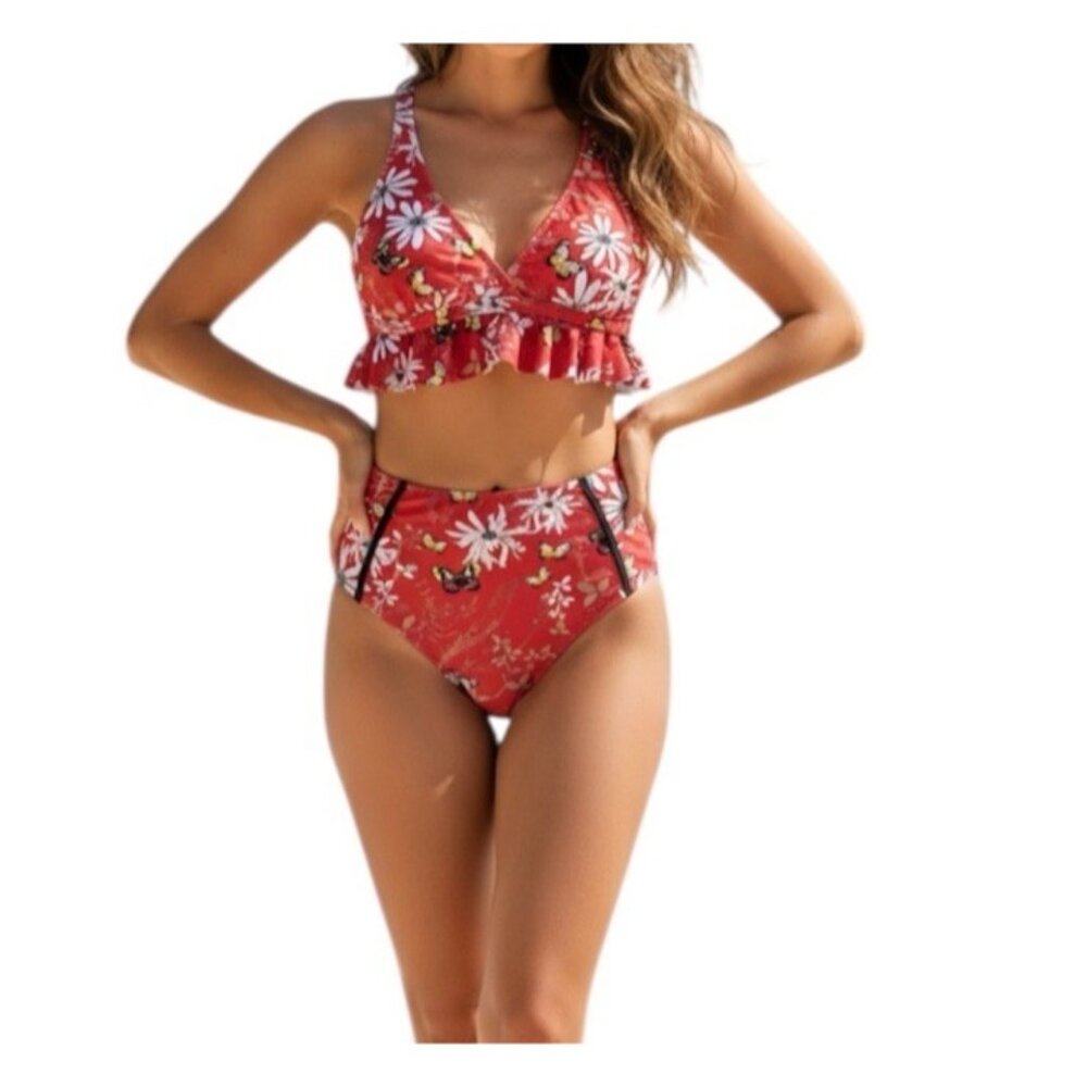 Cupshe Floral & Butterfly Print Two-Piece Swimsuit Bikini Set Size Small